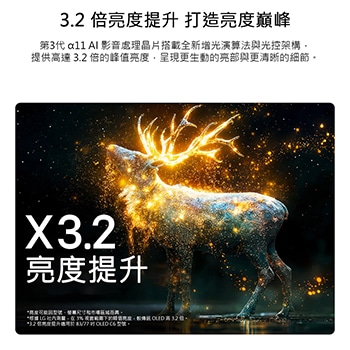 展示 LG OLED evo AI C6 搭載智慧增亮 Pro 技術，顯示昏暗的場景，畫面中一隻鹿的輪廓四周圍繞著發光的微粒，呈現峰值亮度提升 3.2 倍、更明亮的效果與更清晰的細節。
