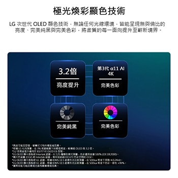 展示 LG OLED evo AI C6 採用 Hyper Radiant Color 技術，呈現完美純黑和完美色彩效果，亮度提升 3.2 倍，並配備搭載雙 AI 引擎的第 3 代 alpha 11 AI 4K 處理器。