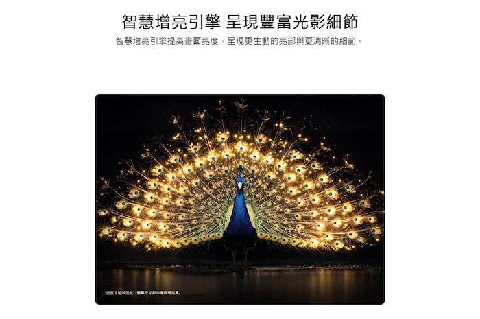 展示 LG OLED evo AI G6 搭載智慧增亮技術,顯示昏暗的場景,畫面中一隻光彩奪目的孔雀舒展它光芒四射的羽毛,呈現更明亮的亮部、更細膩的細節和驚人的對比。