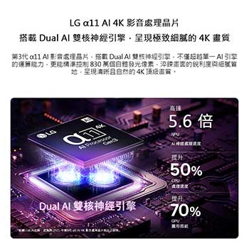 LG OLED evo G6 AI 智慧顯示器的第 3 代 alpha 11 AI 4K 處理器在昏暗的電路板上散發紫色和藍色的光，突顯雙 AI 引擎，展示 NPU 處理速度提升高達 5.6 倍，CPU 速度提升 50%，GPU 效能提升 70%。