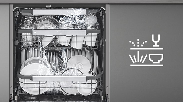 Dishwasher interior with upper rack washing gently and lower rack washing powerfully.