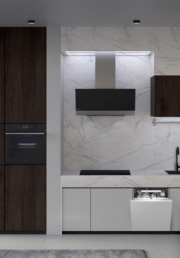 A kitchen with the LG built-in dishwasher, oven, hood, and induction hob installed.
