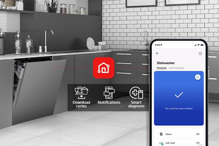 A smartphone displays LG ThinQ™ in a kitchen along with 3 app features: Download Cycles, Notifications, and Smart Diagnosis. 
