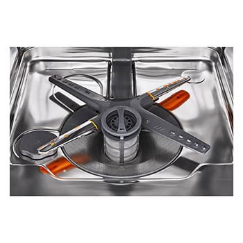 Open dishwasher integrated into kitchen cabinetry