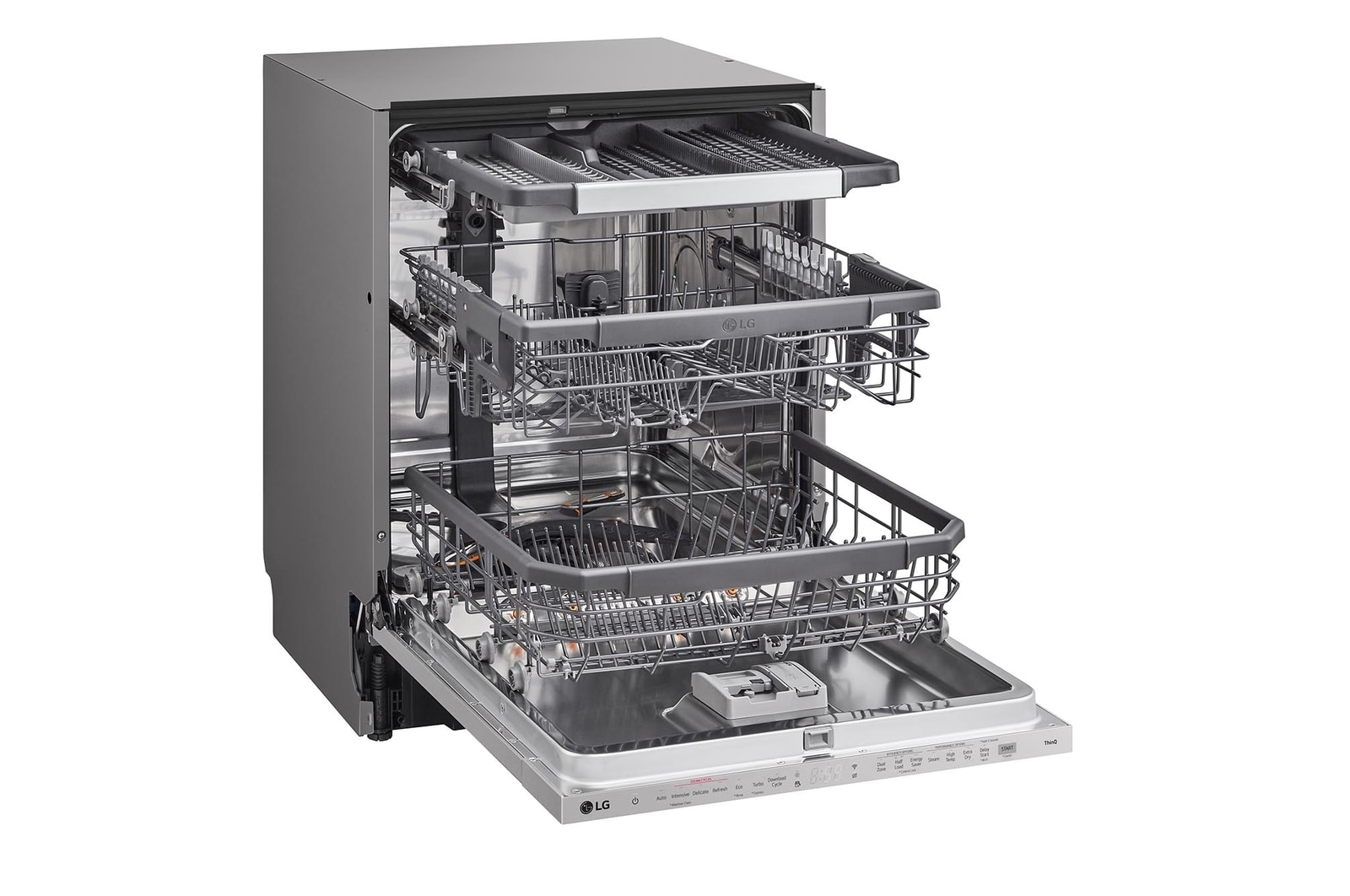 Open dishwasher with loaded dishes displayed