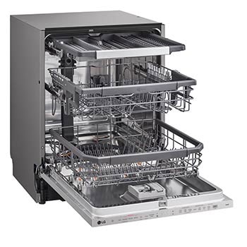 Open dishwasher with loaded dishes displayed