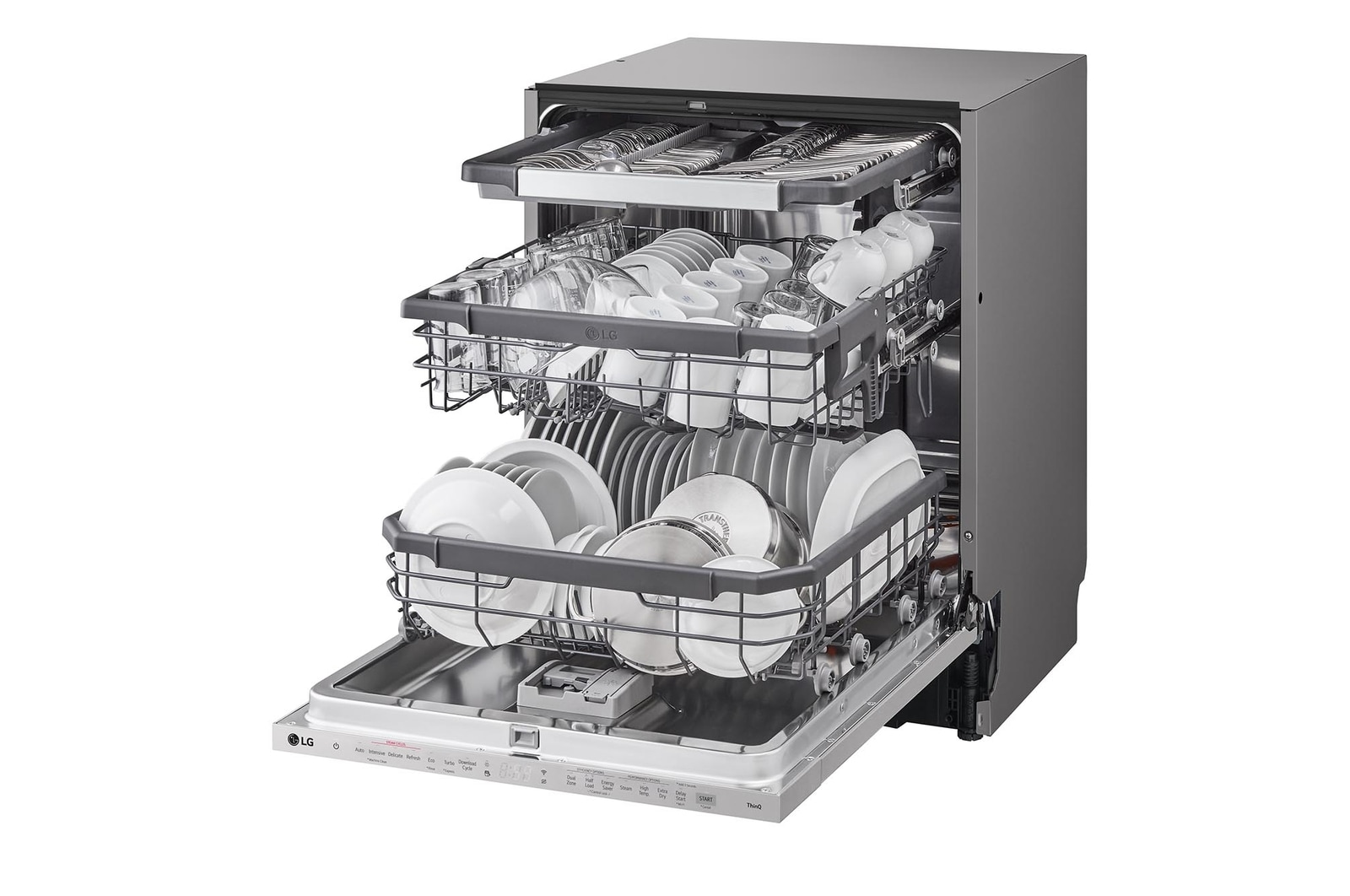 Left Side view of an open dishwasher fully loaded with dishes on all racks