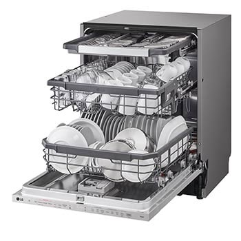 Left Side view of an open dishwasher fully loaded with dishes on all racks