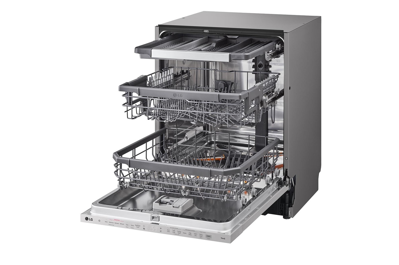 Right Side view of an open dishwasher fully loaded with dishes on all racks