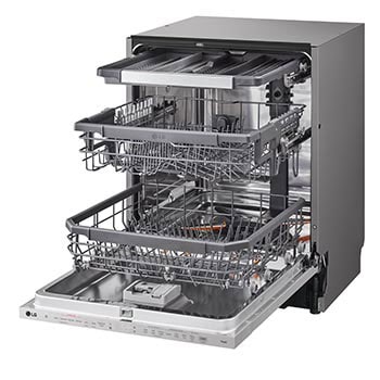 Right Side view of an open dishwasher fully loaded with dishes on all racks