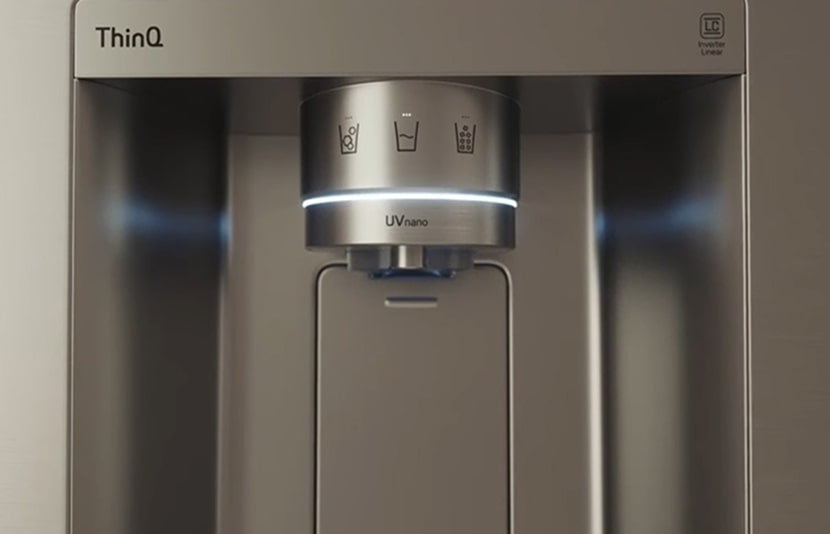LG refrigerator water and ice dispenser with UVnano and ThinQ control panel representing smart fridge technology
