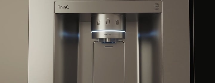 LG refrigerator water and ice dispenser with UVnano and ThinQ control panel representing smart fridge technology