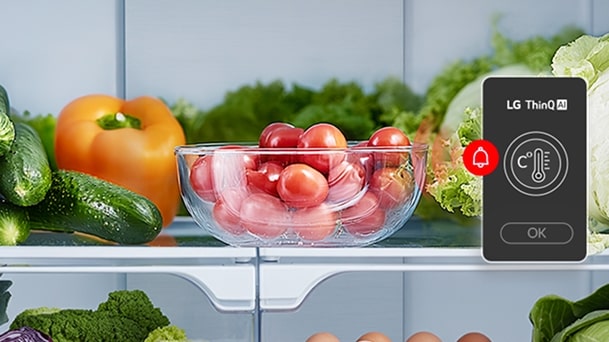 LG smart refrigerator monitoring temperature and freshness levels to help reduce food waste