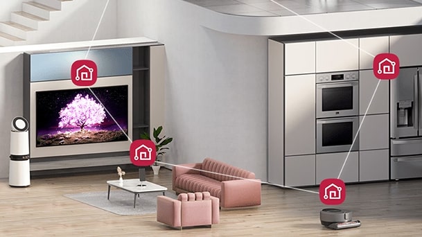 LG ThinQ connected home ecosystem showing smart refrigerator, TV, and robot vacuum integrated through connectivity