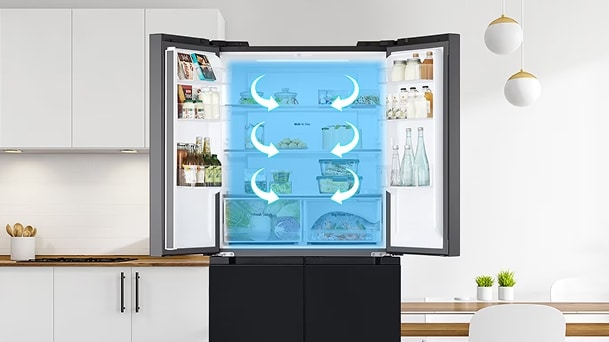 LG smart refrigerator with multi-directional airflow cooling system maintaining temperature for optimal food freshness