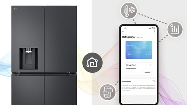 LG smart refrigerator connected to the ThinQ app on a smartphone	