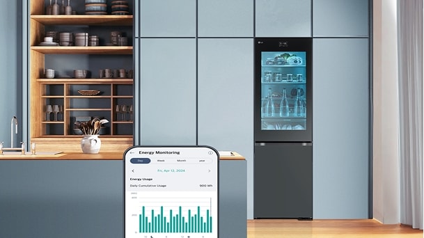 LG smart refrigerator with ThinQ app showing energy monitoring data for efficient home energy management