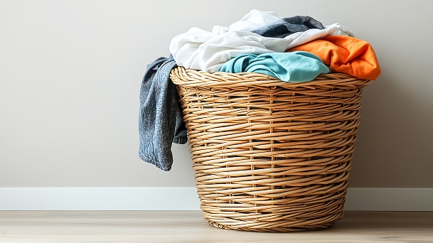 Laundry basket filled with colorful clothes