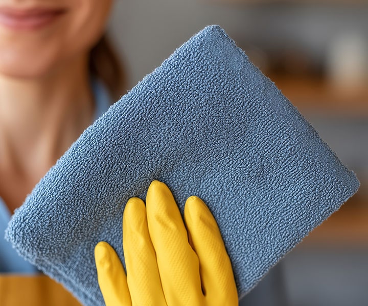 A person wearing gloves holds a blue cleaning cloth for regular maintenance