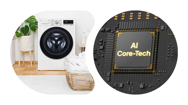 Illustration of LG front load washing machine with AI Core-Tech chip, showcasing advanced engineering for lasting durability