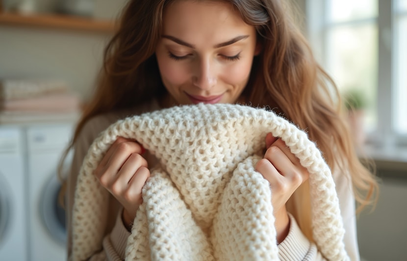 LG front load washing machine delivers fresh laundry as a woman enjoys the clean scent of a soft knitted sweater