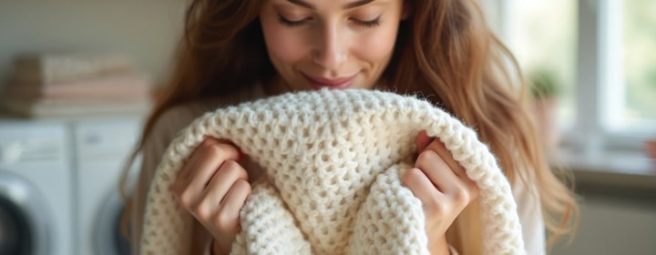LG front load washing machine delivers fresh laundry as a woman enjoys the clean scent of a soft knitted sweater