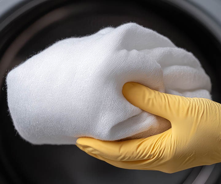 LG front-load washing machine with a person wearing yellow gloves holding a microfiber cloth