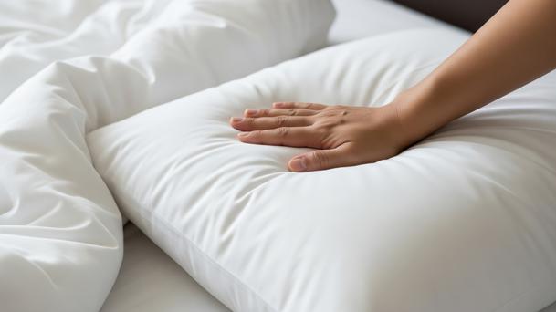 Hand pressing down on a clean white pillow on a bed