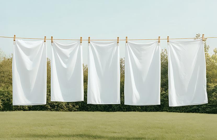 White sheets hanging on a clothesline outdoors with green trees in the background
