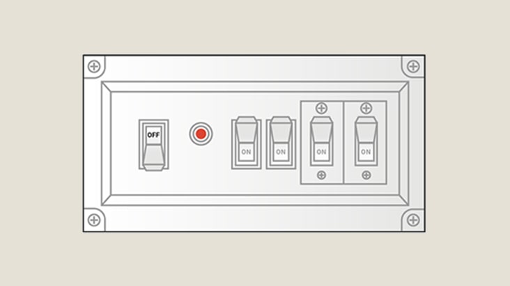 Illustration of a circuit breaker panel showing multiple switches, the main breaker clearly switched to the OFF position.