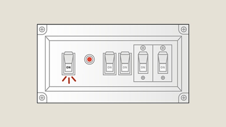Illustration of a circuit breaker panel showing multiple switches, the main breaker clearly switched to the ON position.