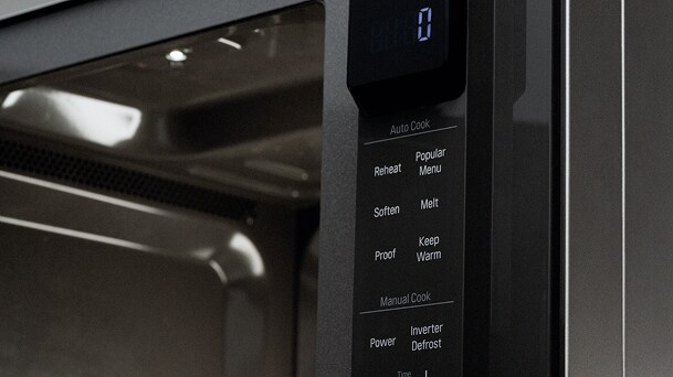 LG microwave control panel shows Auto Cook menu, Reheat, Soften, Melt, Keep Warm, and Inverter Defrost.
