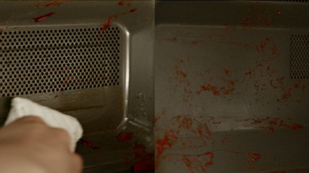 A split image shows a microwave interior being wiped clean, with food splatters on the right side.