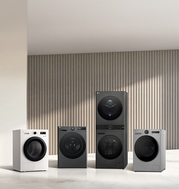 LG laundry appliances lineup including washing machines and dryers displayed in a minimal interior setting.