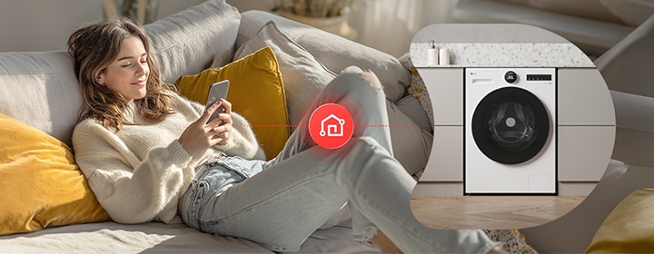 LG laundry appliances controlled via smartphone with smart connectivity.