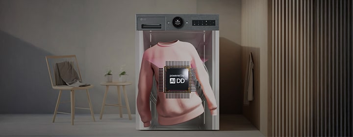 LG washing machine with AI DD fabric care visualization.