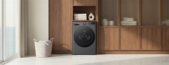 LG washer dryer displayed in a modern interior setting.