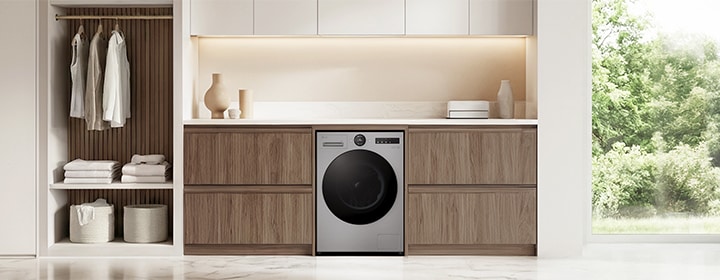 LG washing machine displayed in a modern interior setting.
