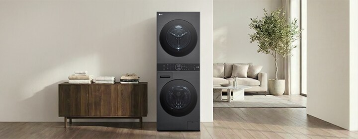 LG WashTower displayed in a modern interior setting.