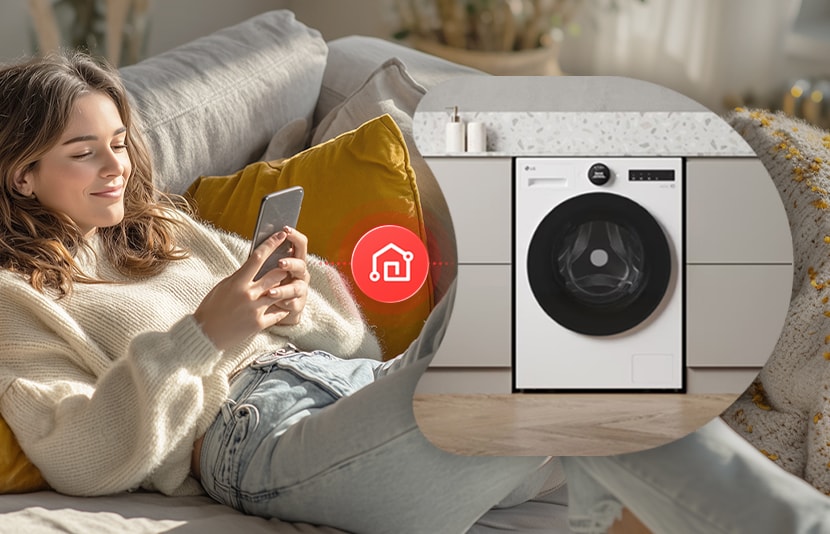 LG laundry appliances controlled via smartphone with smart connectivity.