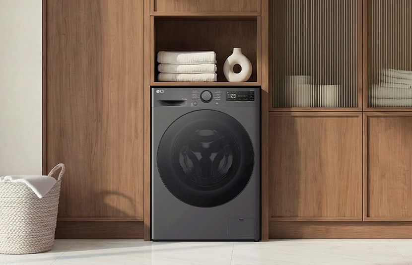 LG washer dryer displayed in a modern interior setting.