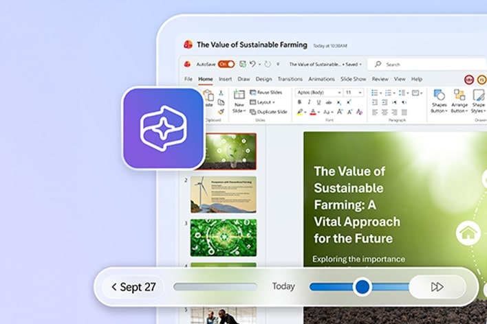 This image shows a presentation file open on a PC screen with a timeline slider below it, illustrating how users can instantly revisit past work using recall-like features.