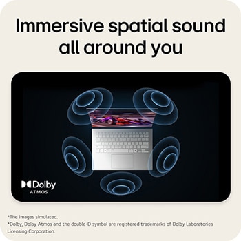 The image shows a top-down view of a laptop with a vibrant, purple-themed graphic on the screen. Surrounding the laptop are dynamic sound wave visuals, indicating an immersive audio experience. The 