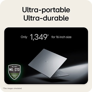 This image shows a lightweight LG gram laptop floating against a dark background, emphasizing its slim and compact design. Text above highlights the weight of only 1,349 g for the 16 inch size, while a MIL-STD durability certification badge appears in the lower left, indicating military-standard durability testing.