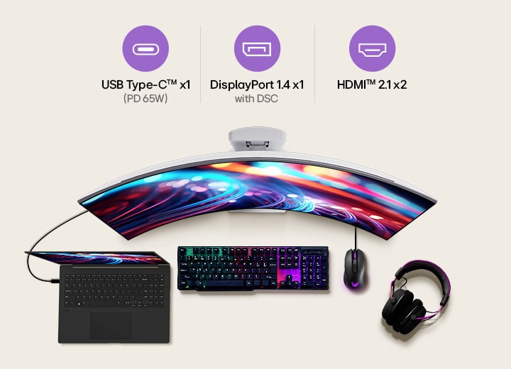 This image presents the connectivity options of an LG curved gaming monitor, including USB Type-C™ with PD 65W, DisplayPort 1.4 with DSC, and HDMI™ 2.1 ports, along with a laptop, keyboard, mouse, and headset setup for a versatile gaming and work environment.
