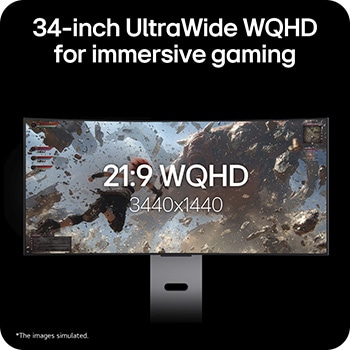 This image highlights a 34-inch UltraWide WQHD (3440x1440) display in a 21:9 aspect ratio, delivering an immersive gaming experience with a wider field of view.