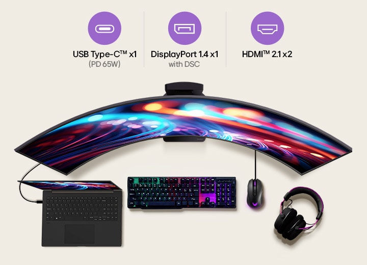 This image presents the connectivity options of an LG curved gaming monitor, including USB Type-C™ with PD 65W, DisplayPort 1.4 with DSC, and HDMI™ 2.1 ports, along with a laptop, keyboard, mouse, and headset setup for a versatile gaming and work environment.