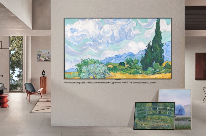 LG Gallery+ displays curated artwork in a home interior, featuring Vincent van Gogh’s “A Wheatfield, with Cypresses” at the center, alongside partner museum references and a “1 Month Free” message.