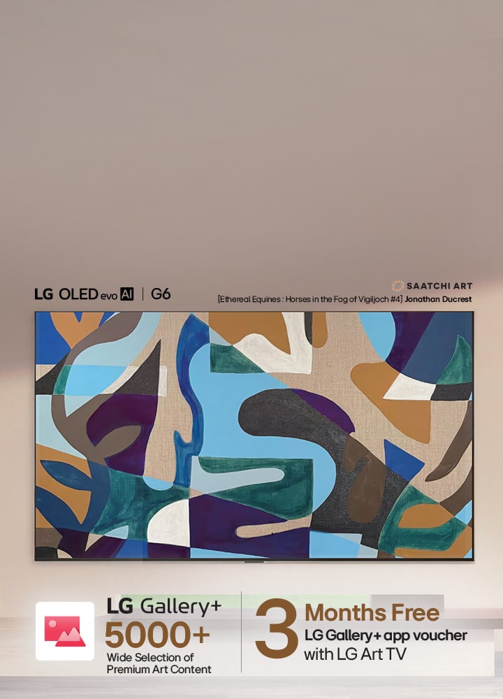 LG tv displays abstract geometric artwork from LG Gallery+ on screen against a modern interior backdrop, highlighting that a 3-month free LG Gallery+ voucher enables access to over 5,000 premium artworks. 	