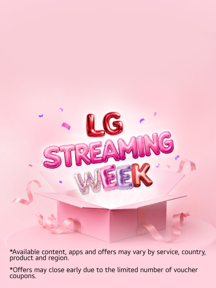 Colorful balloon-style “LG Streaming Week” lettering rises from an open pink gift box, surrounded by ribbons and confetti on a soft pink background.